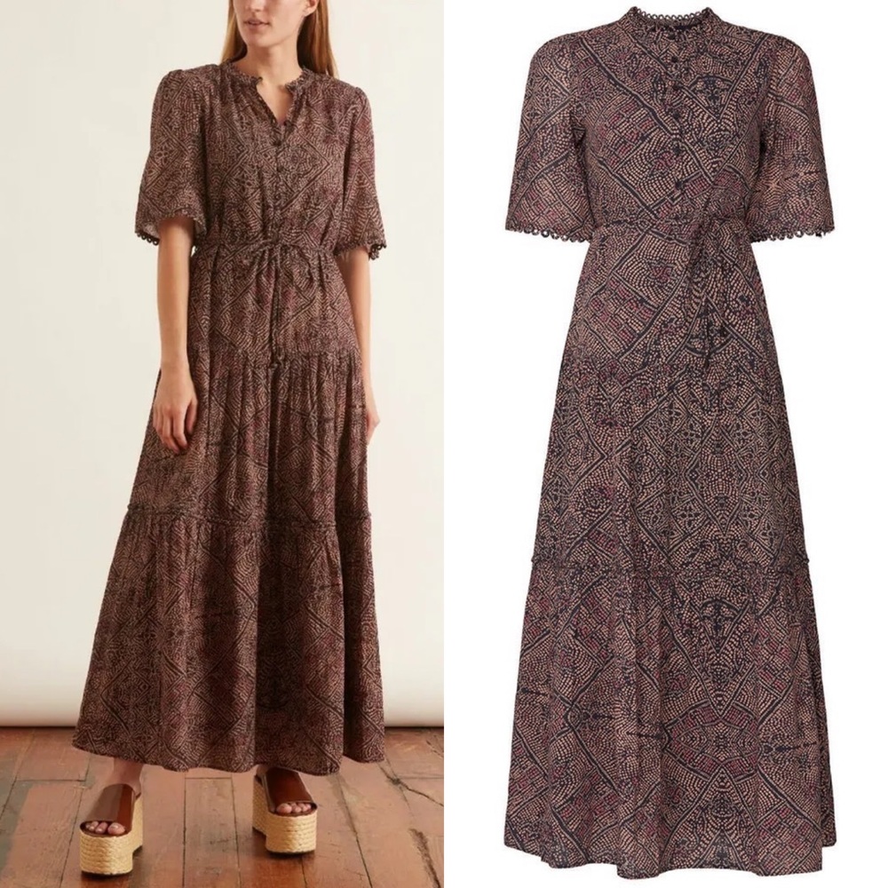 Apiece Apart Alta Belted Maxi Dress 4 Multi Bandhani Dot Lace Tiered Organic